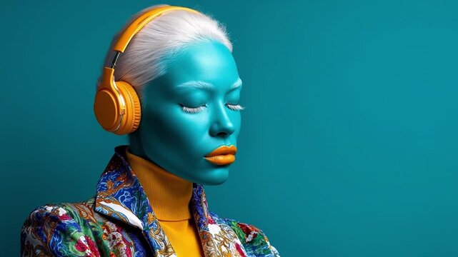 Stylized profile of a person with blue skin and orange headphones wearing a colorful jacket