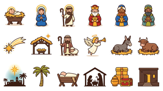  A clean set of flat, playful Nativity scene icons arranged in a neat grid on a white background, vector artwork with bold outline and festive palette
