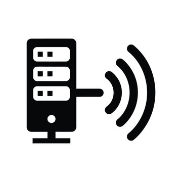 Black of a server tower with three horizontal slots and three curved signal lines on the right on a white background, representing data storage, networking, cloud computing, or internet connectivity