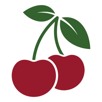 Stylized illustration of two ripe red cherries with green leaves and stems isolated on transparent background icon