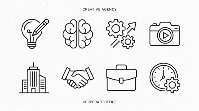 Set of business icons including lightbulb brain gears camera building handshake briefcase and clock.