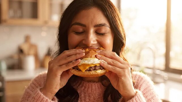 Smiling woman joyfully bites into a delicious cheesy beef burger with egg, savoring her indulgent fast food lunch. Perfect for a quick, satisfying, and tasty comfort meal at home.