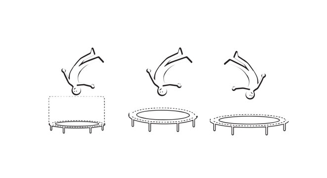 Illustrated sequence of trampoline bouncing movements stages.