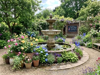 Fototapeta premium A beautiful stone water fountain surrounded by blooming roses and colorful hydrangeas in a peaceful hidden garden setting.