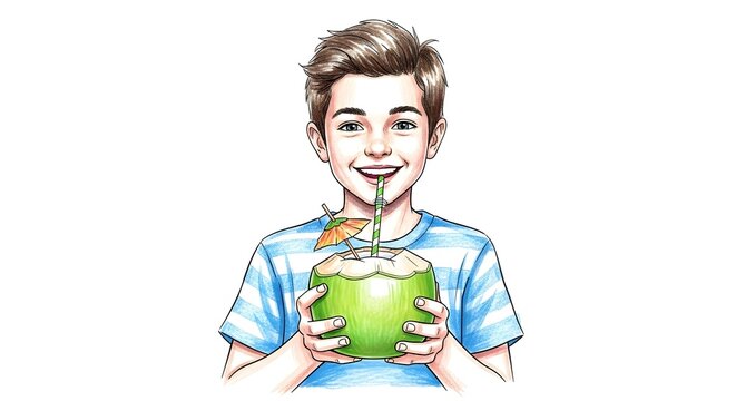 Happy young boy drinking fresh coconut with straw happily.