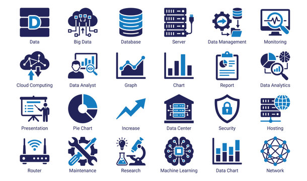 Data analytics icon set vector with database server cloud computing machine learning network monitoring symbols blue solid glyph style
