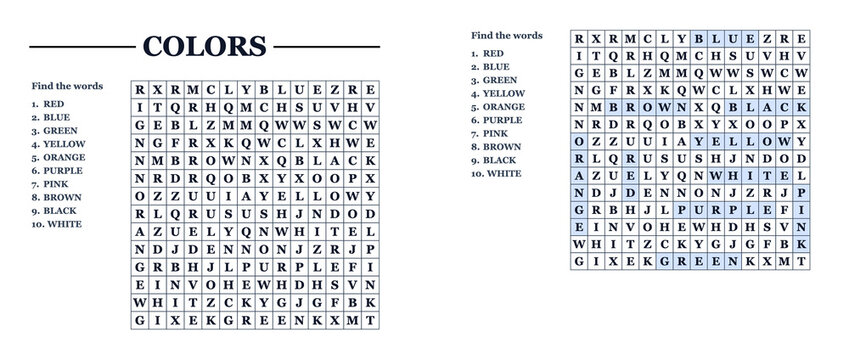 Word seek puzzle sheet featuring colors with answers highlighted  