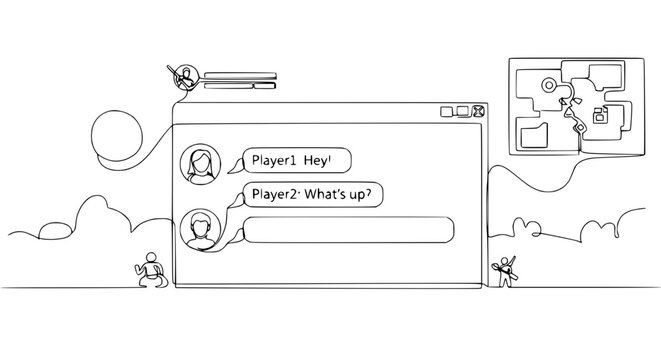 Gaming Chat Interface and Mini-Map, Online Communication, Vector Doodle Art