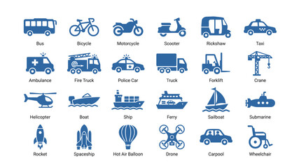 Transportation icon set vector with bus bicycle ship helicopter drone ambulance rocket spaceship submarine symbols blue solid glyph style  © Ahmed