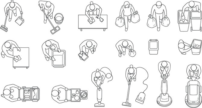 Top View Cleaning Service Icons and People Avatars Vector Set for Architectural Floor Plans Interior Layouts and Sanitation Management Diagrams