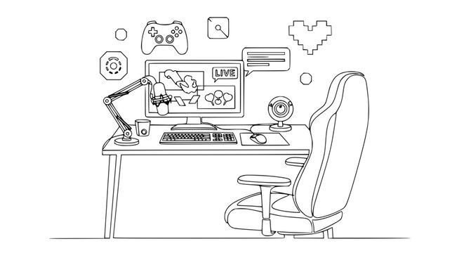 Gaming setup with computer, microphone, webcam, and controller, live stream concept