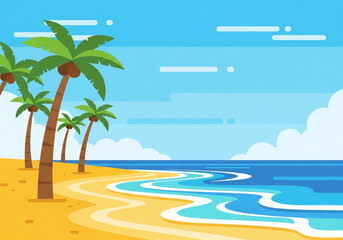 Obraz premium Tropical beach landscape with palm trees and ocean waves on sandy shore