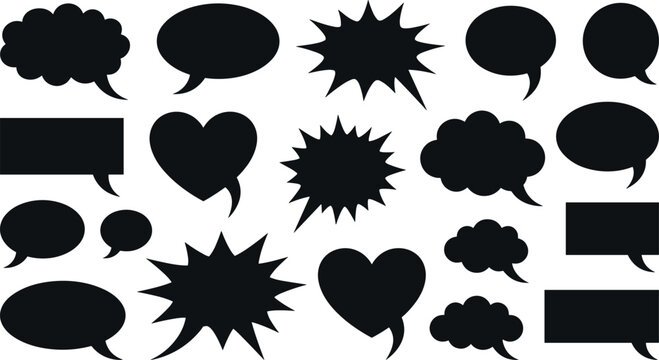 Comic Book Speech Bubble Silhouette Icon Set with Blank Chat Clouds Exploded Text Frames Hearts and Thought Balloons for Vector Designs