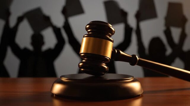 Judges gavel on table with protest silhouette.