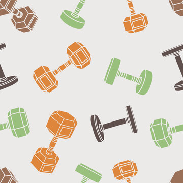 Seamless various hexagonal and round dumbbell pattern on grey background. Fitness and sport concept