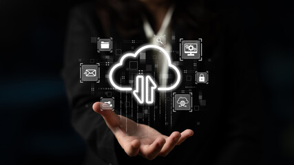 Obraz premium Cloud computing enables digital growth with secure data storage, scalable infrastructure, and strategic cloud-based business solutions. Latch