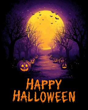 Spooky forest path at night with glowing jack-o'-lanterns, large full moon in the background and bats flying, happy halloween text greeting.