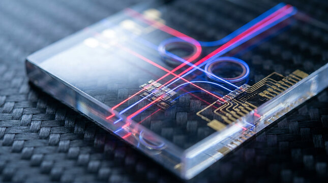 Extreme Macro of Silicon Photonic Microchip with Glowing Laser Pathways