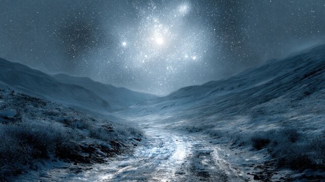 Ethereal snowy mountain pass illuminated by a starry night sky with celestial light