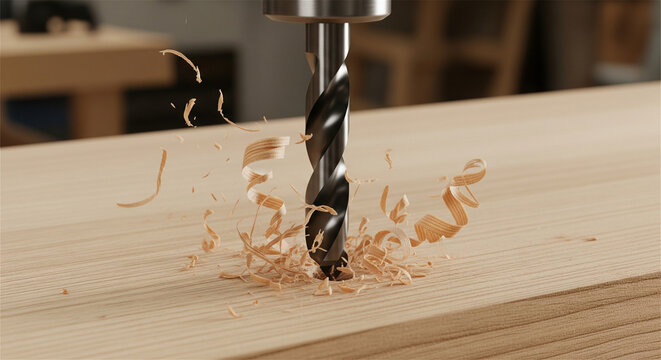 Industrial steel drill bit boring into wood, carpentry power tool making a hole in timber, wood shavings flying from drilling process