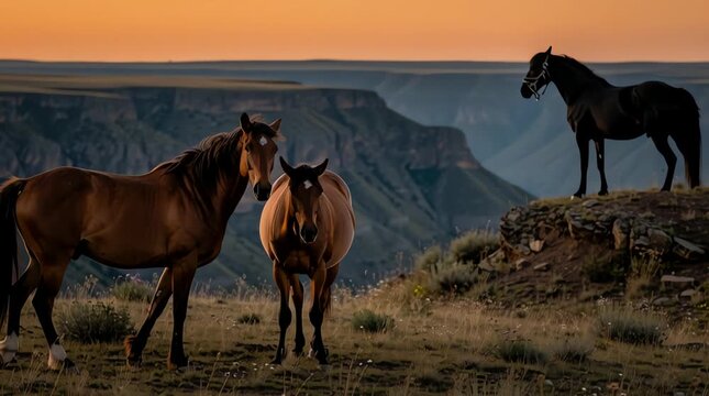 Wild horses majestic canyon sunset golden hour. Three brown and black horses standing on a grassy cliff overlooking a vast mountain gorge at dawn or dusk.