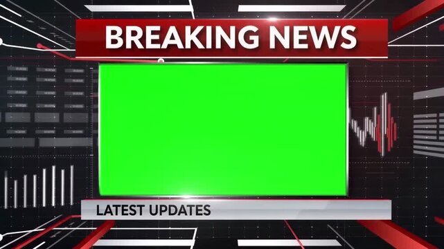 Breaking news broadcast template featuring a dynamic green screen display for custom content integration with animated data charts and professional digital motion graphics overlays throughout