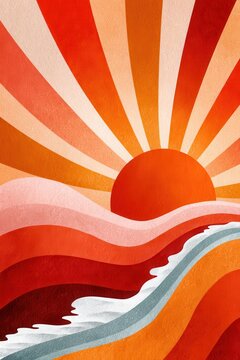 Warm retro sun rising over stylized waves with orange gradient rays and textured paper effect