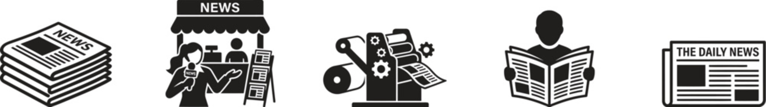 Black and white newspaper icons showing news production process