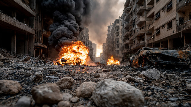 Urban Devastation: A scene of complete destruction in a war-torn city, with burning cars, destroyed buildings, and thick plumes of smoke filling the sky.