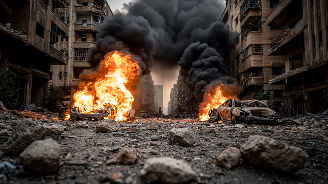 City in Ruins: A desolate urban landscape scarred by conflict, with burning vehicles and thick smoke billowing from destroyed buildings, depicting the aftermath of a devastating event.