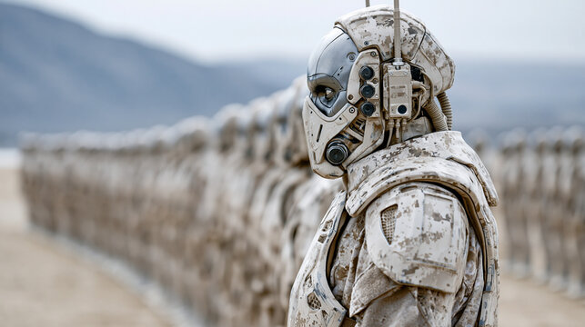 Sci-Fi Soldier Formation: A futuristic soldier stands at attention in a line formation of similarly armored figures, set against a desolate, arid landscape.