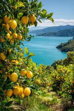 Ripe yellow lemons hanging on tree branches, scenic view of a blue sea bay with mountains in the background under a clear sky.