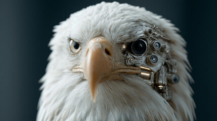 Obraz premium Cyborg Eagle Portrait: A majestic bald eagle with one eye replaced by intricate cybernetic components stares intently, merging nature's grandeur with advanced technology.