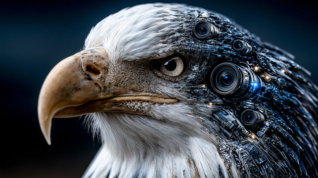 Cybernetic Eagle Surveillance: A striking close-up of an eagle's head, where cybernetic enhancements integrate cameras into its plumage, symbolizing advanced surveillance and technological fusion.