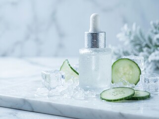 Obraz premium Luxury hydrating serum dropper bottle with silver cap on marble surface surrounded by cucumber slices, ice cubes and white flowers, cooling skincare concept