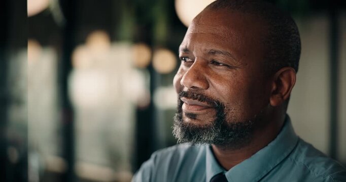 Thinking, happy and black man in office for business strategy, financial decision and investment. Bokeh, corporate and mature person with idea for finance proposal, problem solving and solution