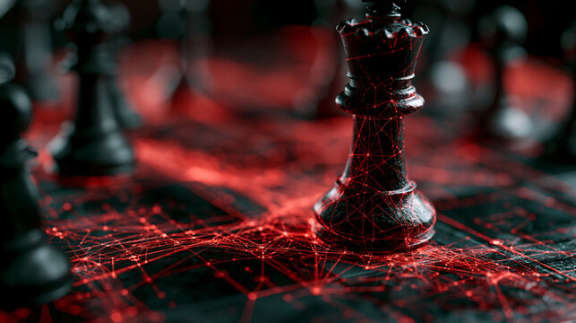 Abstract Chess Strategy: A dark, menacing chess queen stands at the forefront of a digital battlefield, surrounded by interconnected red glowing lines.