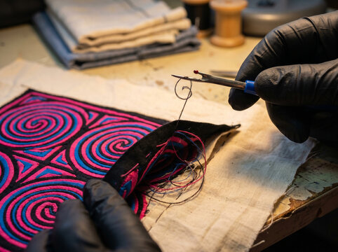 Hmong paj ntaub reverse applique textile seam ripping before wash preparation