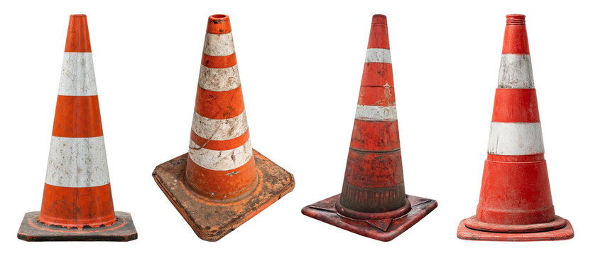 Four dirty and weathered traffic cones, showing wear and tear, symbolizing roadwork and safety.