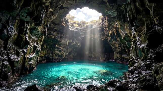 Mystical underground sea cave with turquoise water, sunbeams shining through rock opening, dramatic volcanic cavern with crystal clear lagoon