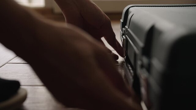 Unrecognizable handyman locking durable, protective hard case resting on wooden floor, suggesting safeguarding of valuable or sensitive professional equipment, close-up, slow motion.