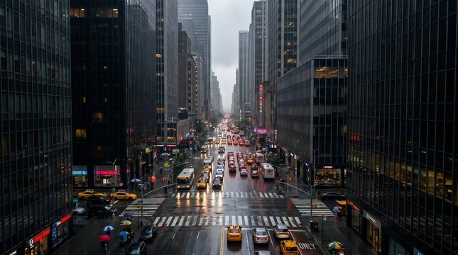 Busy city street with tall buildings and traffic