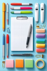 Fototapeta premium Colorful office stationery flat lay with clipboard, pens and sticky notes for organized workspace
