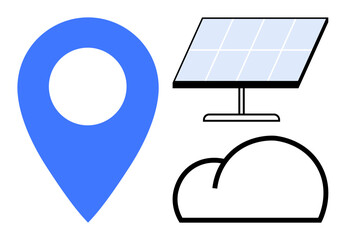 Sustainability, technology, renewable energy, data storage, solar power, digital mapping. Blue location pin, solar panel cloud icon. Renewable energy and technology concept for innovation © robu_s