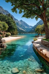 Obraz premium Tranquil alpine lake with crystal-clear turquoise water, mountains, sandy beach and shaded boardwalk