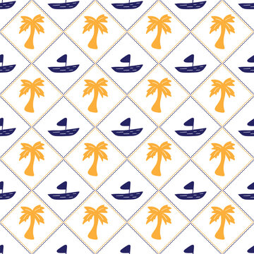 Hand-drawn summer seamless pattern. Orange palm tree and blue sailboat on a white background