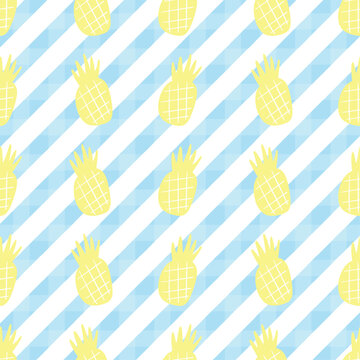 Hand-drawn summer seamless pattern. Yellow pineapple on a blue line on a white background