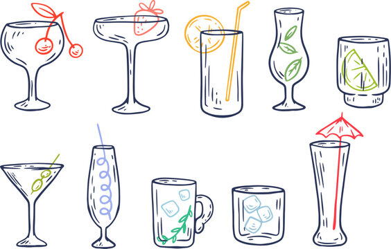 Large collection of alcoholic drink and cocktail icons presented in clean linear outline style with dark contours and subtle color accents on garnishes. Perfect design elements for modern restaurant 