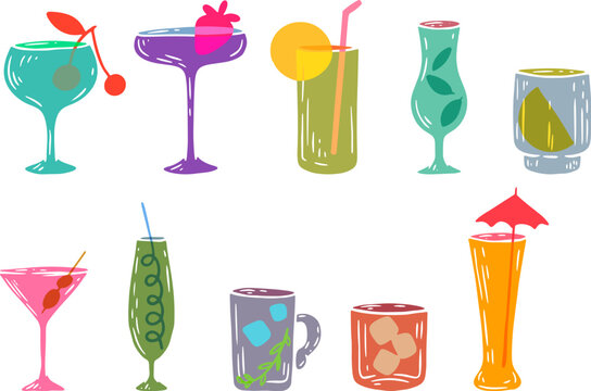 Vector illustration of various summer cocktails and soft drinks in contemporary flat design style with bold color combinations and simple shapes.