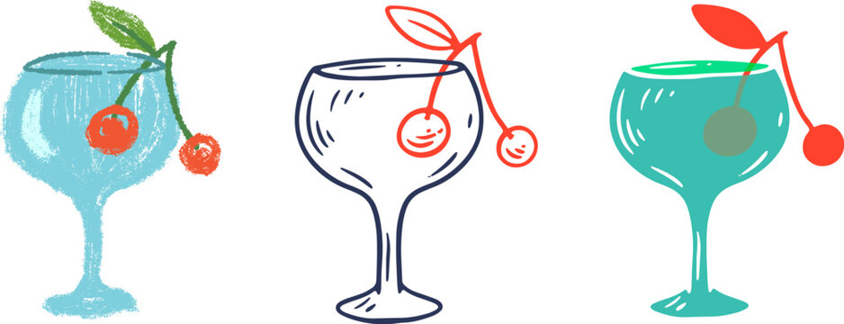 Set of vector illustrations of summer alcoholic cocktail or gin tonic in balloon glass, decorated with cherry on branch. Isolated objects presented in three graphic styles